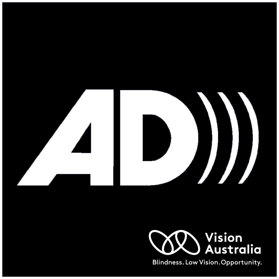 AD logo White capital Letters A and D on a black background. 3 sound waves arcing to the right from the curve of the letter D. Vision Australia logo in bottom right corner