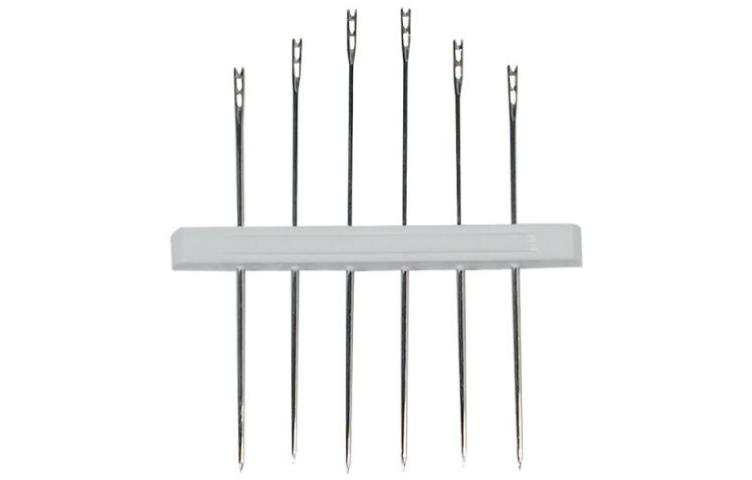 A set of six self-threading sewing needles attached to a white plastic holder.